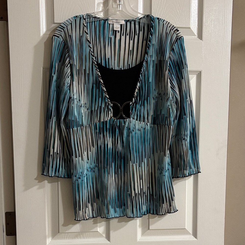 Dress Barn Teal and Black Striped V-Neck Blouse with Ring Accent